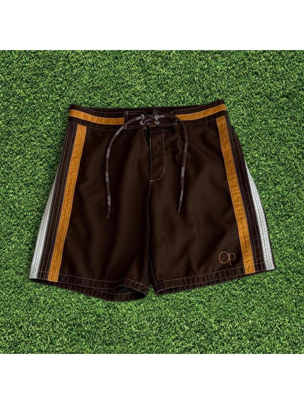Vintage Y2K Ocean Pacific Brown Board Shorts Orange White Stripes Size 34